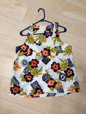 Maison Jules White Tropical Floral Tank with Navy & Orange Accents